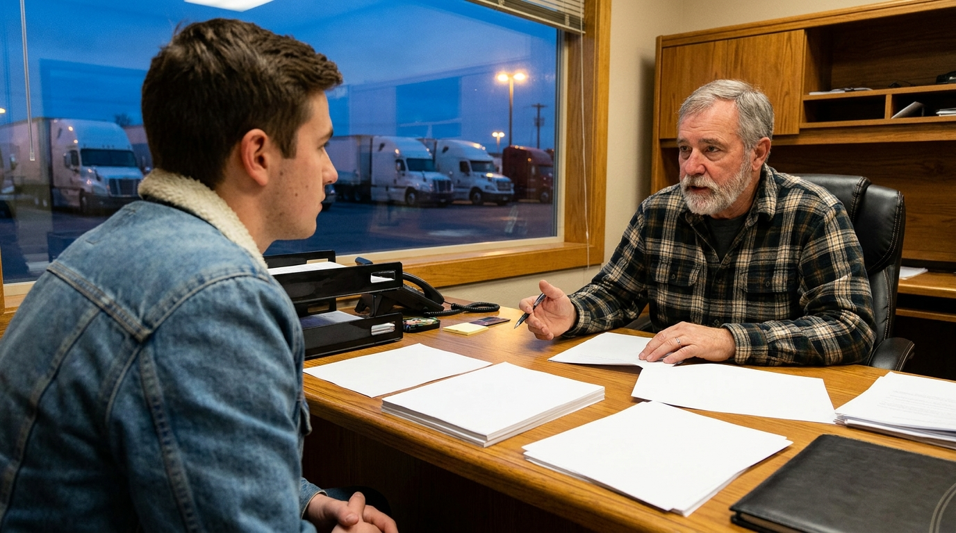 Moov Driving Academy advisor reviewing CDL requirements paperwork with a student