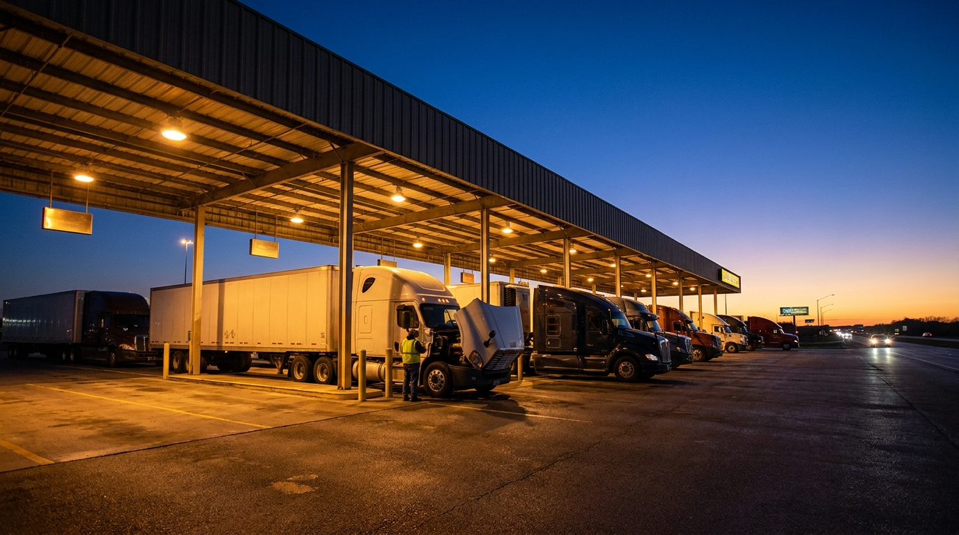 Semi trucks at a highway inspection station bay