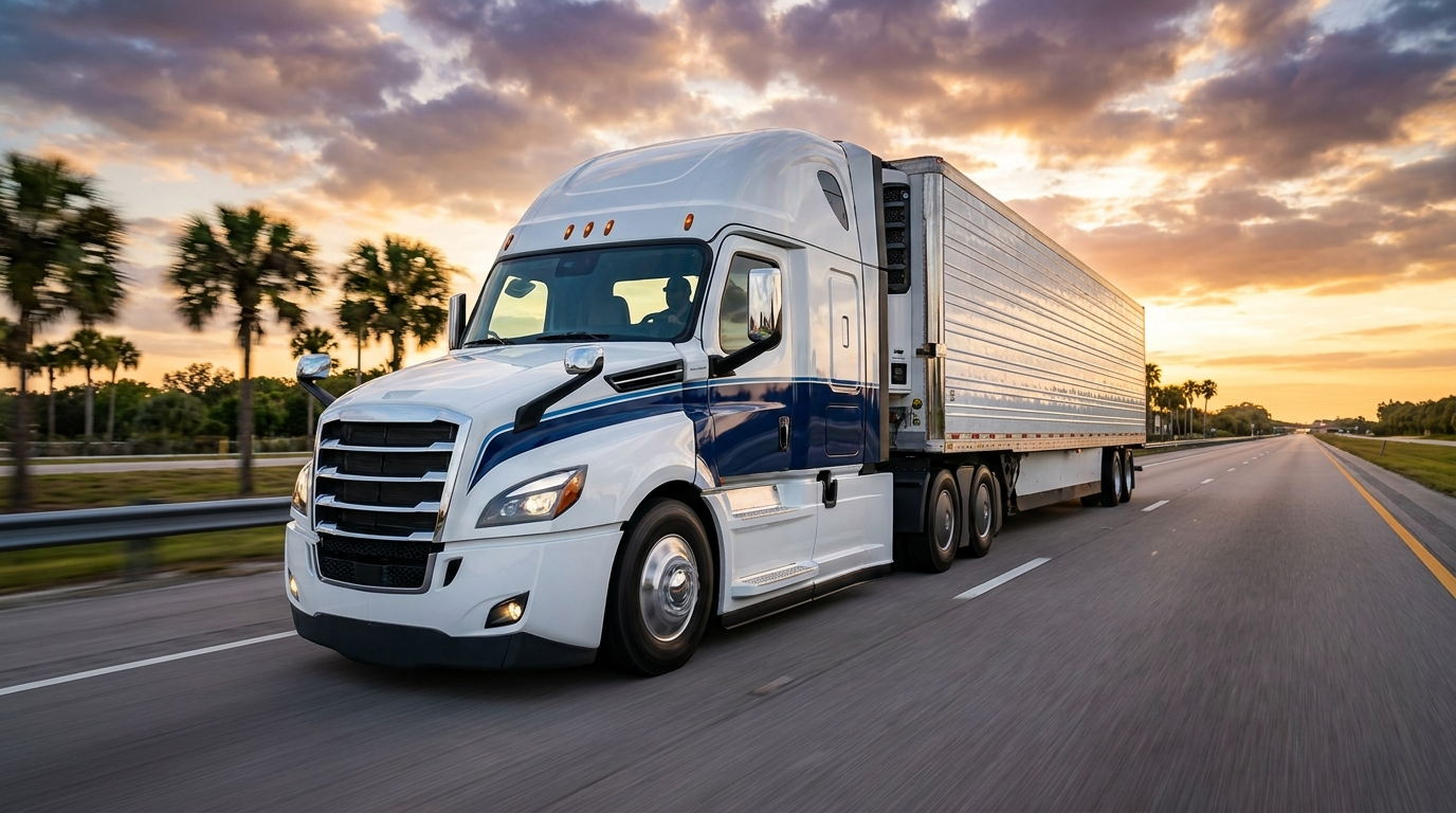 Class A semi-truck on a Florida highway at golden hour — Moov Driving Academy training vehicle