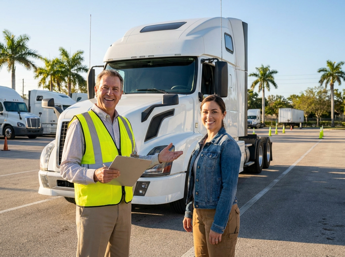 Moov Driving Academy instructor guiding a student through manual transmission training in the cab of a Class A truck