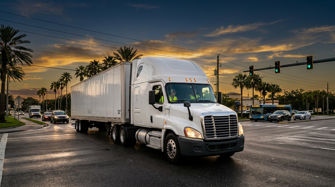 CDL skills test day — Moov Driving Academy student completing the road test portion in an Orlando commercial zone