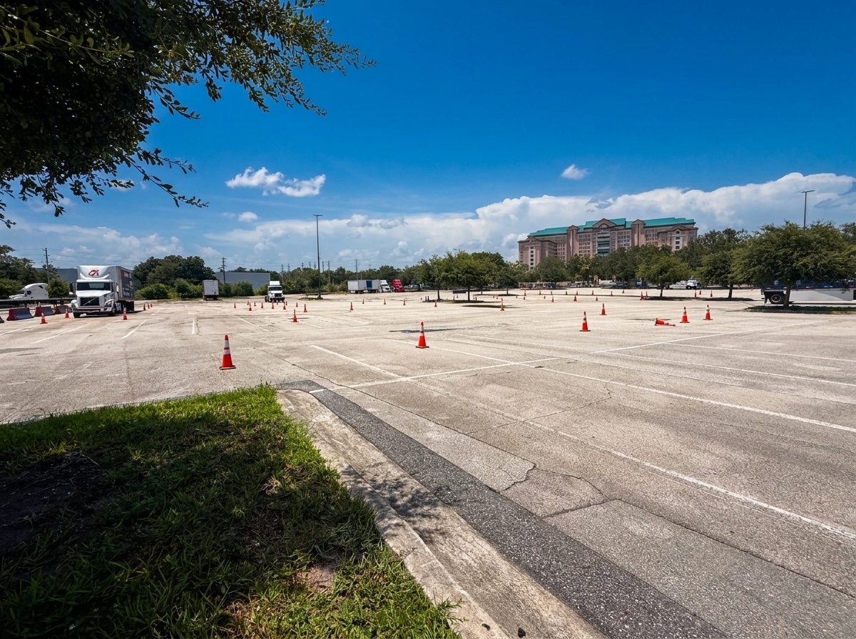 Moov Driving Academy cone course laid out across the practice yard at the Florida Mall, Orlando FL