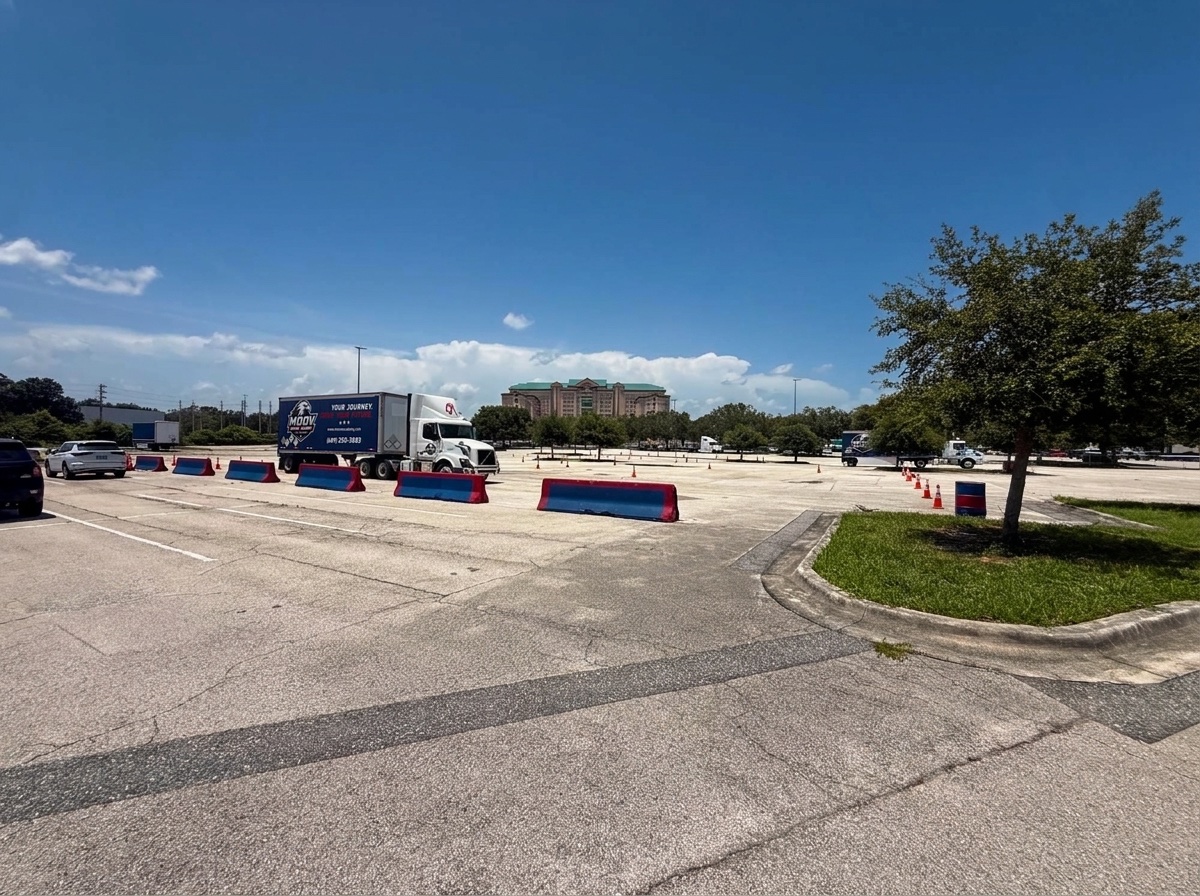 Moov Driving Academy training trucks and barriers across the practice lot at the Florida Mall