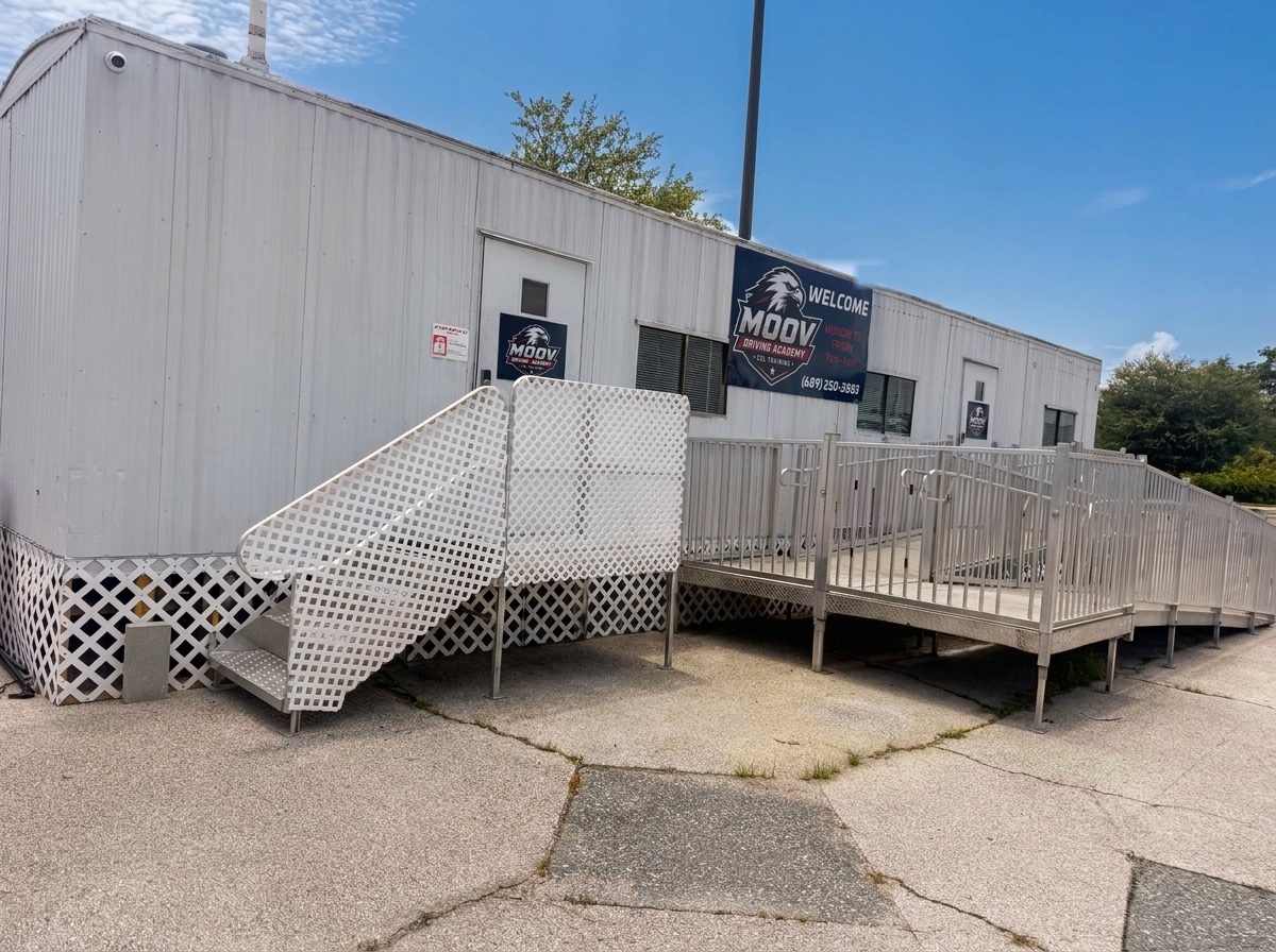 Moov Driving Academy office and classroom entrance with welcome sign, open Monday to Friday 9am to 4pm