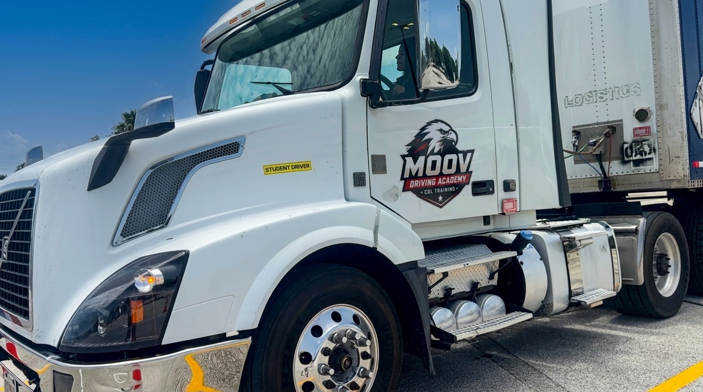 Close-up of a Moov Driving Academy Volvo training truck with a Student Driver decal on the hood