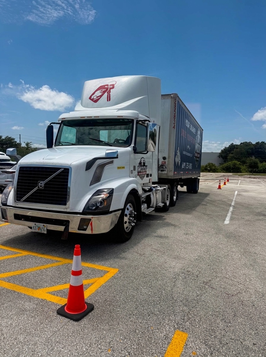 Moov Driving Academy Volvo tractor-trailer parked on the practice lot with training cones