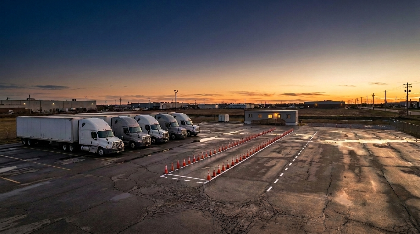 Wide view of the Moov Driving Academy training yard at the Florida Mall with a row of training trucks and practice cones, Orlando FL