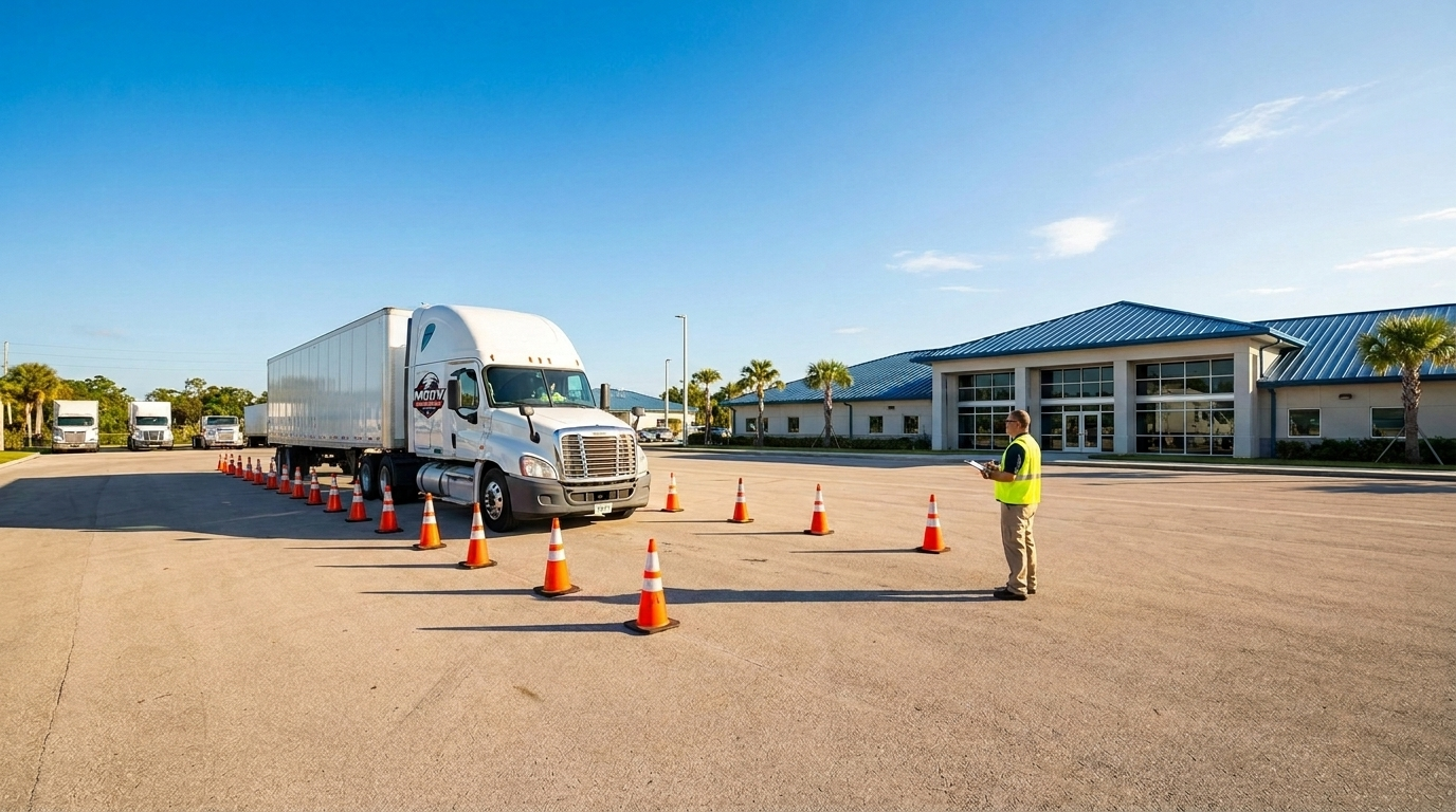 Student practicing backing maneuvers in the Moov Driving Academy training yard under instructor supervision